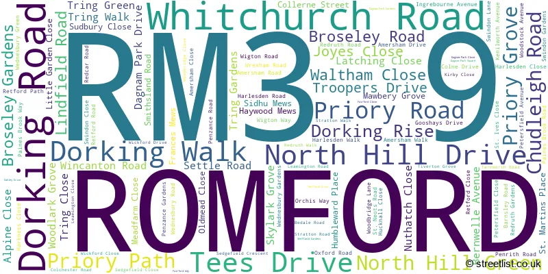 A word cloud for the RM3 9 postcode